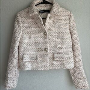 Zara Cream and Light Pink Tweed Cropped Blazer